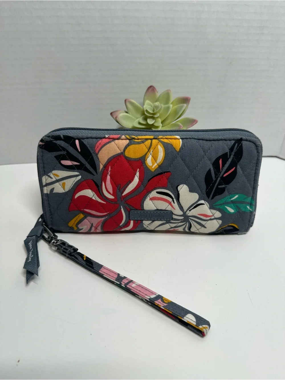 Vera Bradley Gray Quilted Floral Wristlet Wallet with Red & Yellow Blooms